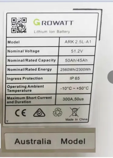 Picture of Growatt 48V 2.56kwh ARK 2.5LV Energy Storage Lithium Battery With Cable & Base