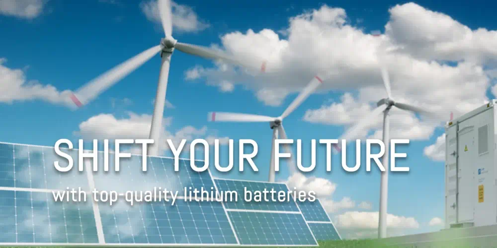 Picture showing modern windmills with "Shift your future" text