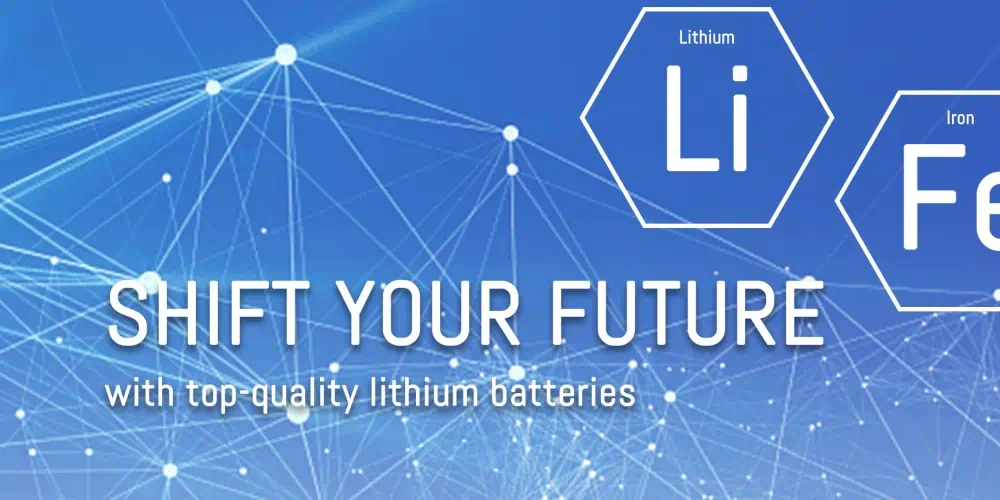Blue 3D point grid with "Shift your future" text