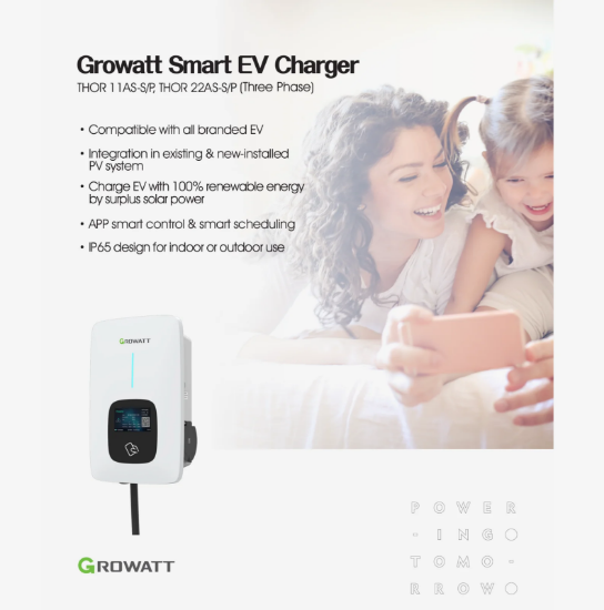 Picture of Growatt Type 2 EV Charger 22kw 3 Phase 5m Cable IP65 THOR 22AS-P